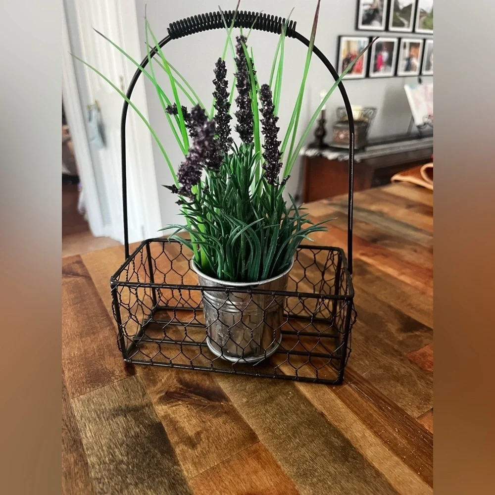 Faux Lavender Plant in Black Wire Basket